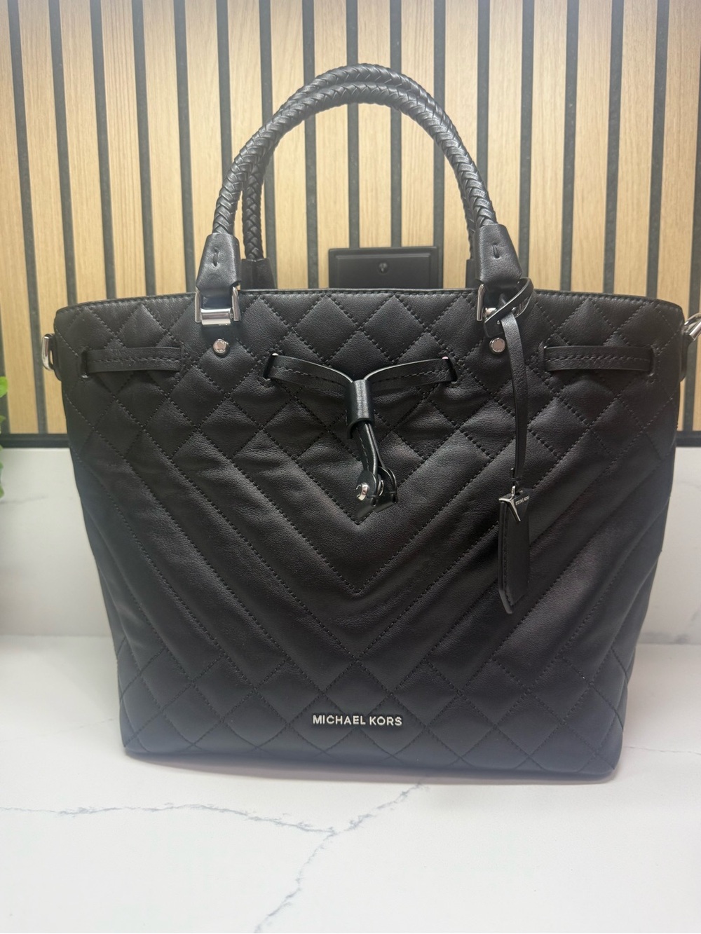 Michael Kors Black Quilted Leather Tote with Braided Handles
